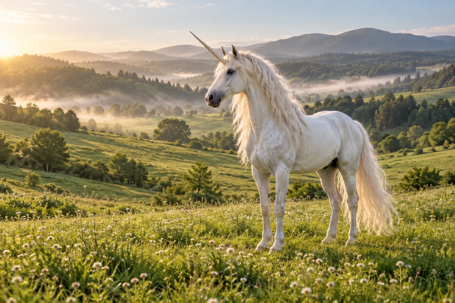 A white unicorn standing in a lush green meadow at sunrise, with misty hills beyond.